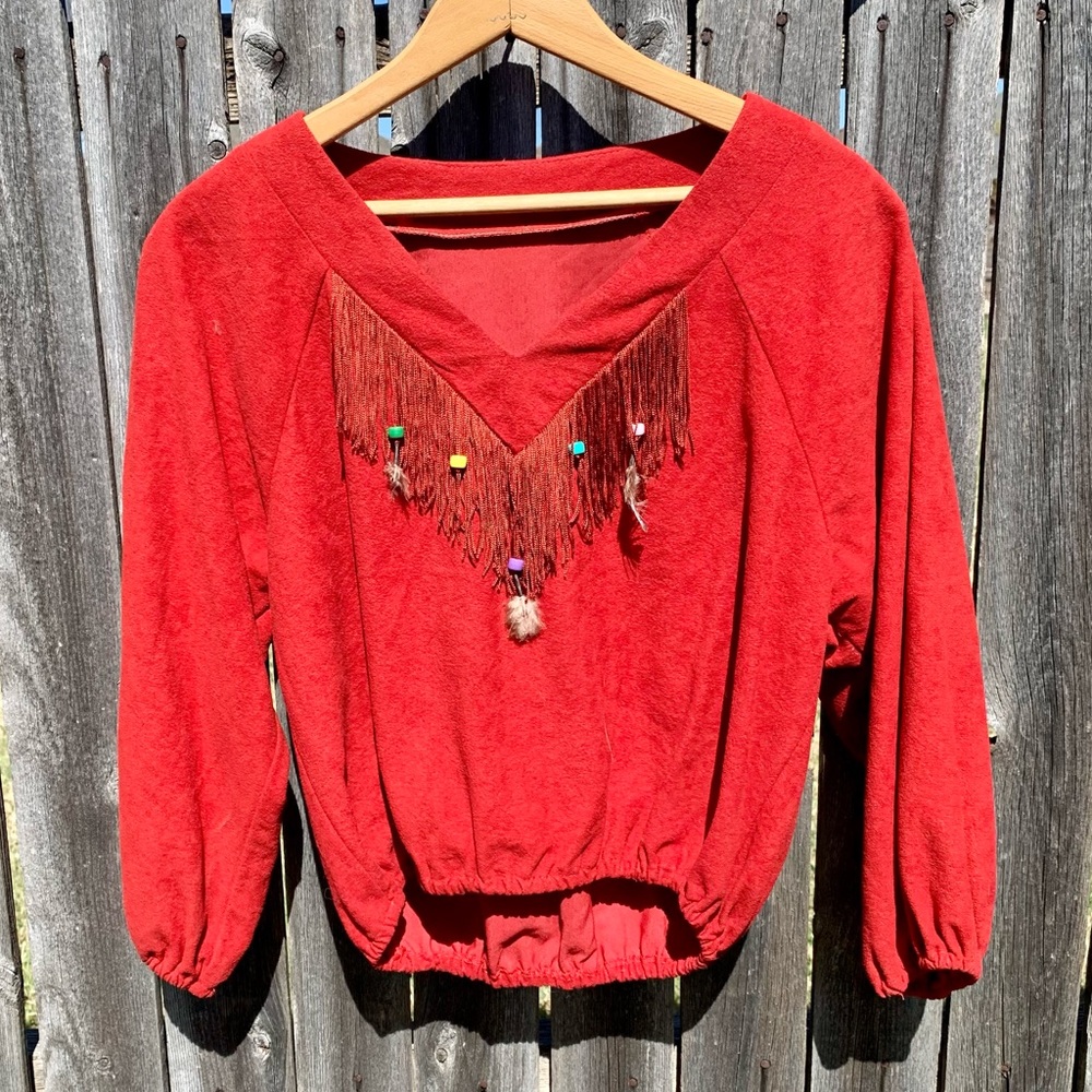 Vintage Crop Top w/ Tassels & Beads Red M